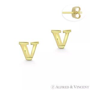 Initial Letter "V" Stud Earrings with Push-Back Posts in 14k Yellow Gold
